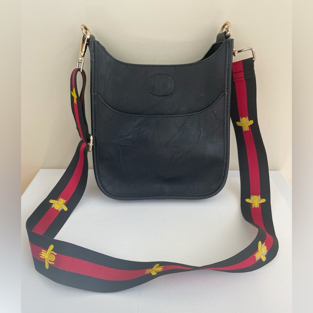 Ah•Dorned Mini Vegan Leather Messenger Crossbody Bag Black Black/Red/Bee Strap